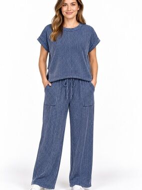 KIRUNDO Blue Ribbed 2 Piece Wide Leg Cargo Pants Travel Set Medium